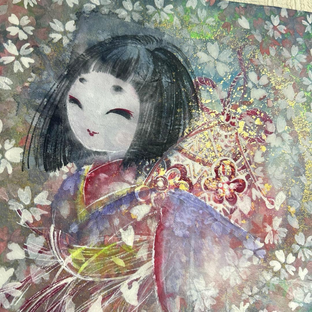 吉祥日本画「金箔入り　座敷わらし　手毬梵天」幸福の座敷童子