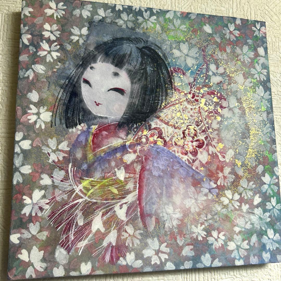 吉祥日本画「金箔入り　座敷わらし　手毬梵天」幸福の座敷童子