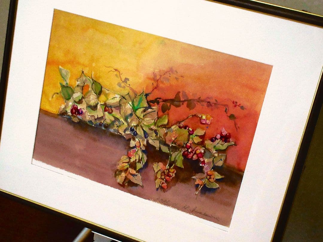 カラス瓜の水彩画 額装済み 原画 F6サイズ