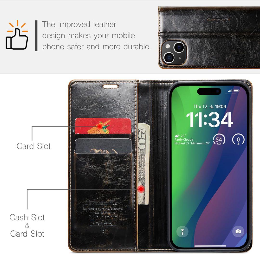 iPhone 15 ケース 手帳型 財布型 カード収納 ダークブラウン