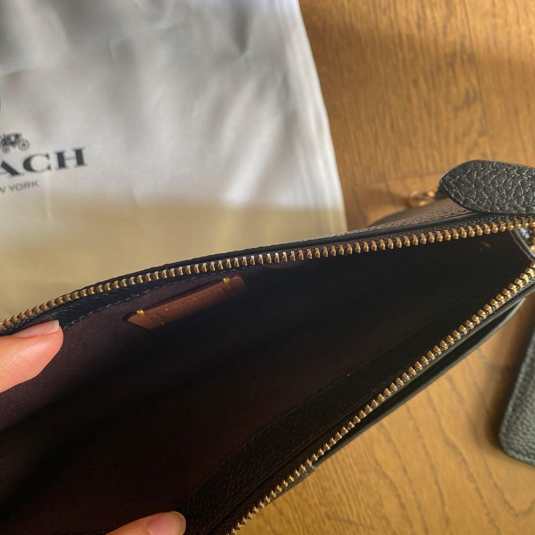 コーチ 黒 レザー 長財布 取り外し可能ストラップ