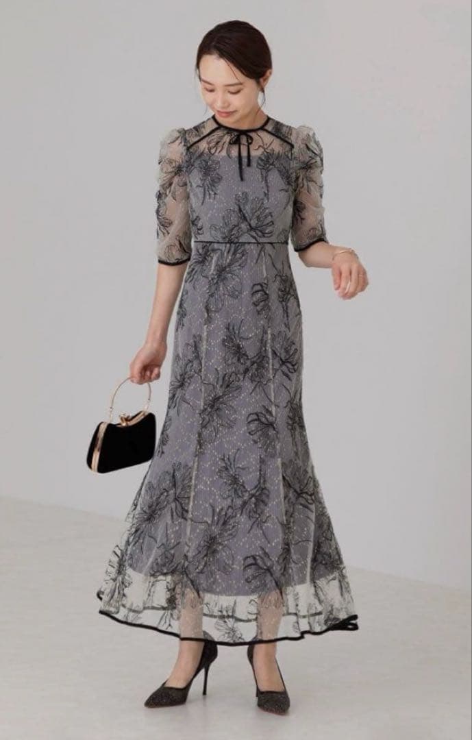 花柄リボンパフスリーブマーメイドワンピースドレス