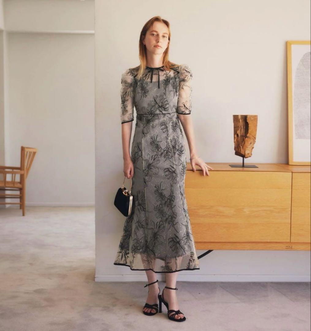 花柄リボンパフスリーブマーメイドワンピースドレス