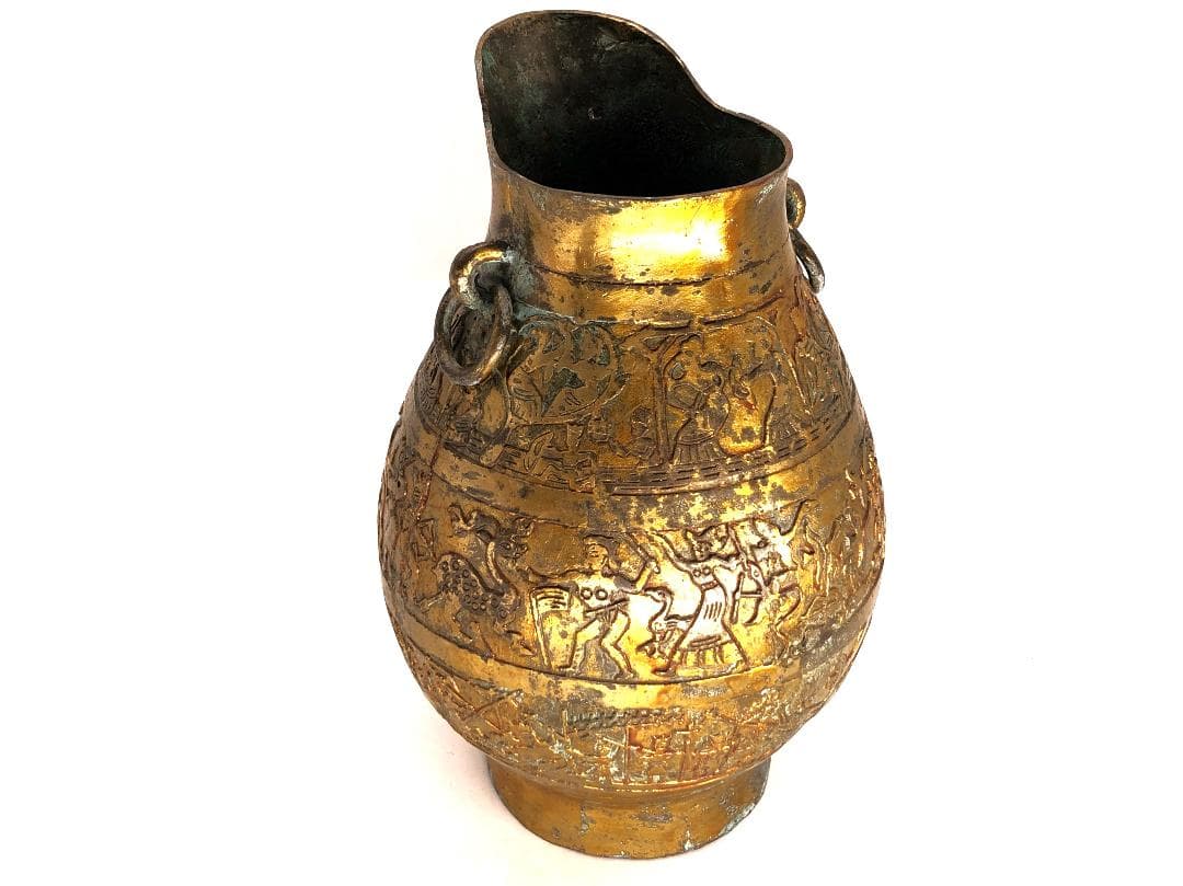 【 中国古代金銅製狩猟戰図文花器 】　惣型鋳造　戦国時代（東周朝）～後代