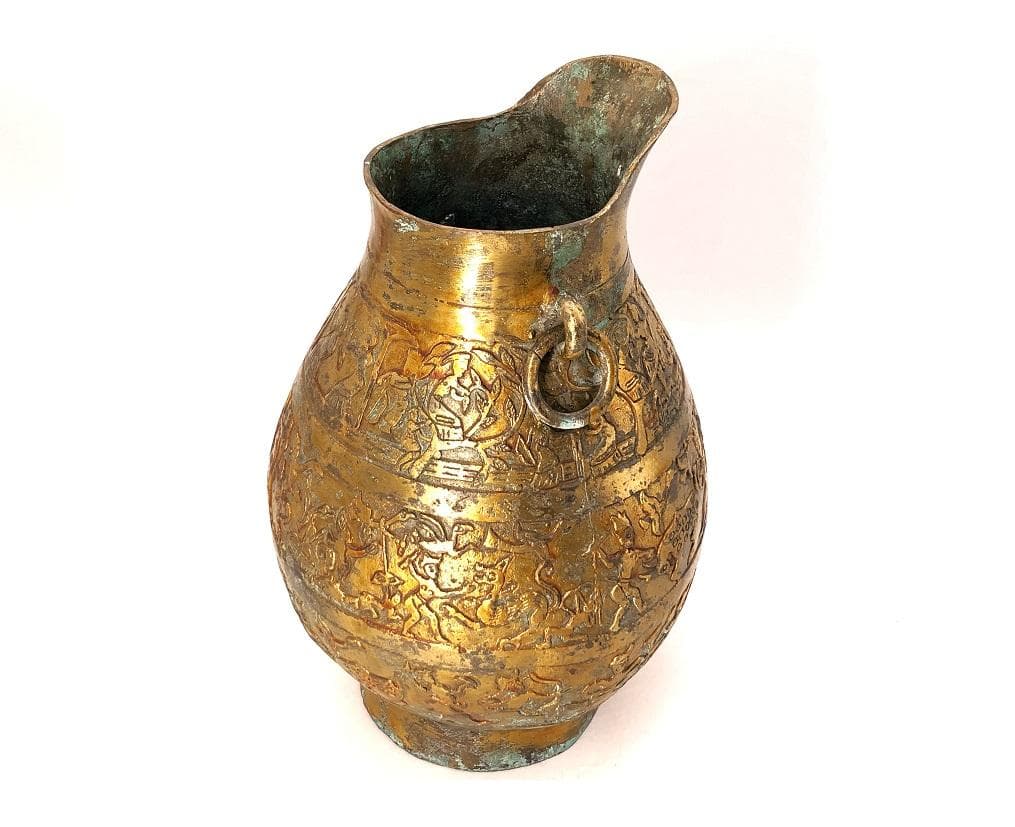 【 中国古代金銅製狩猟戰図文花器 】　惣型鋳造　戦国時代（東周朝）～後代