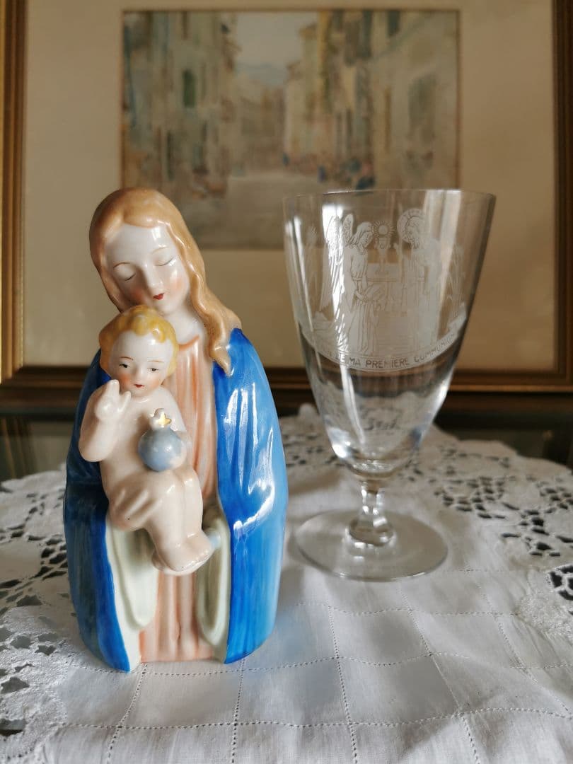 アンティークブルージュ草花紋ボビンレース ラージオーバル梯子刺繍リネンドイリー