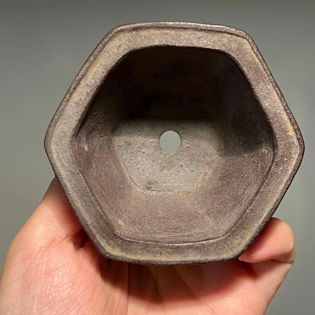 762.岸波秋 紫泥漢詩六角 盆栽鉢 植木鉢 8.5*7.8*5cm