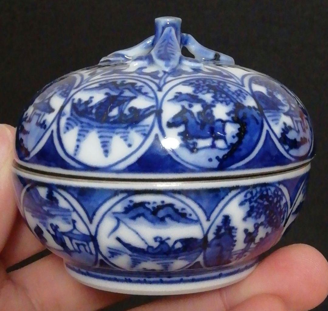 叶松谷作　染付　祥端　蜜柑形　香合　共箱　共布　略歴付　茶道具