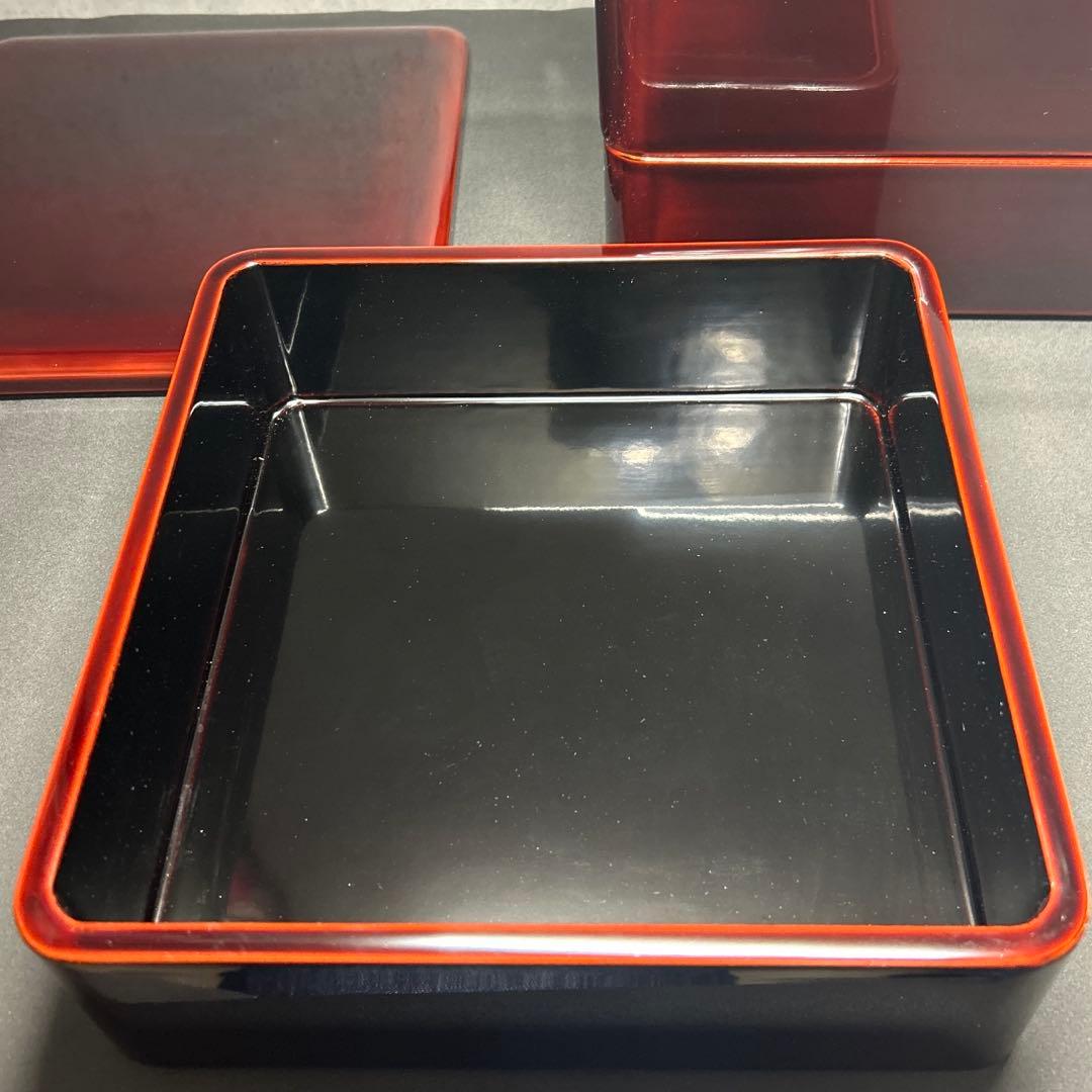 会津塗　三段重　重箱　漆器　溜め塗り6.5寸　内黒