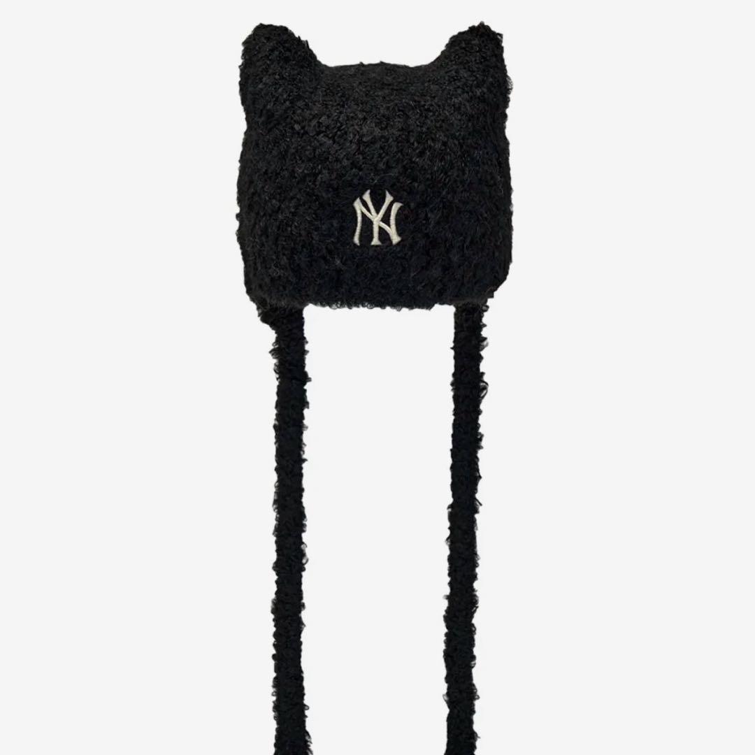 韓国　MLB korea 猫耳　ニット帽　紐付き　ブラック