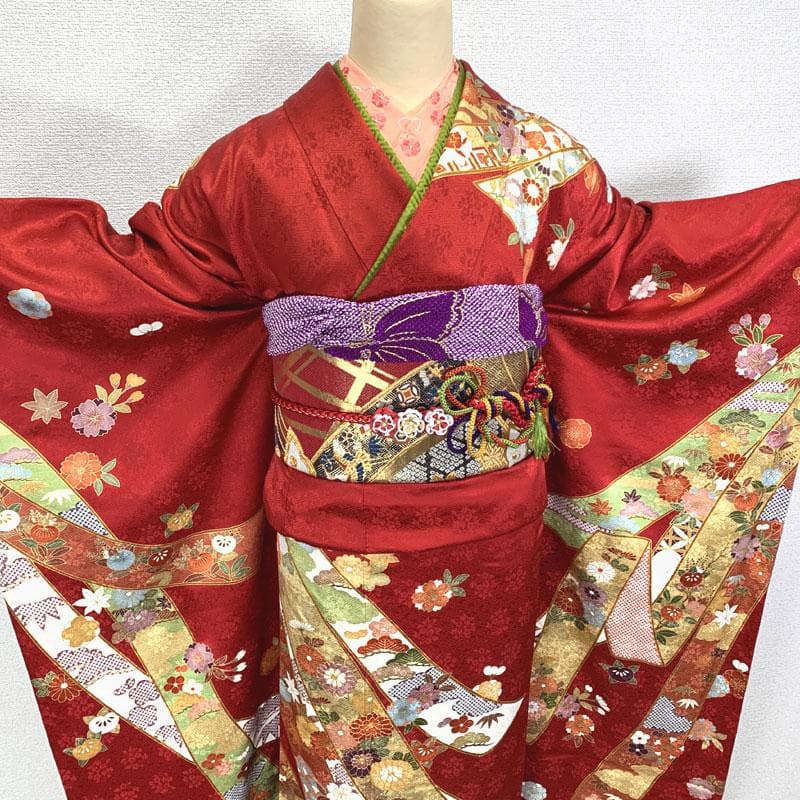 506z6〇京都きもの友禅 高身長な方 振袖 地紋 金彩 金駒刺繍 赤〇成人式