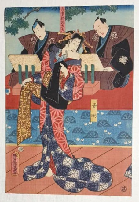 浮世絵版画、浄瑠璃種々薩誓掛額三枚綴り三代歌川豊国、安政6年（1859)出版