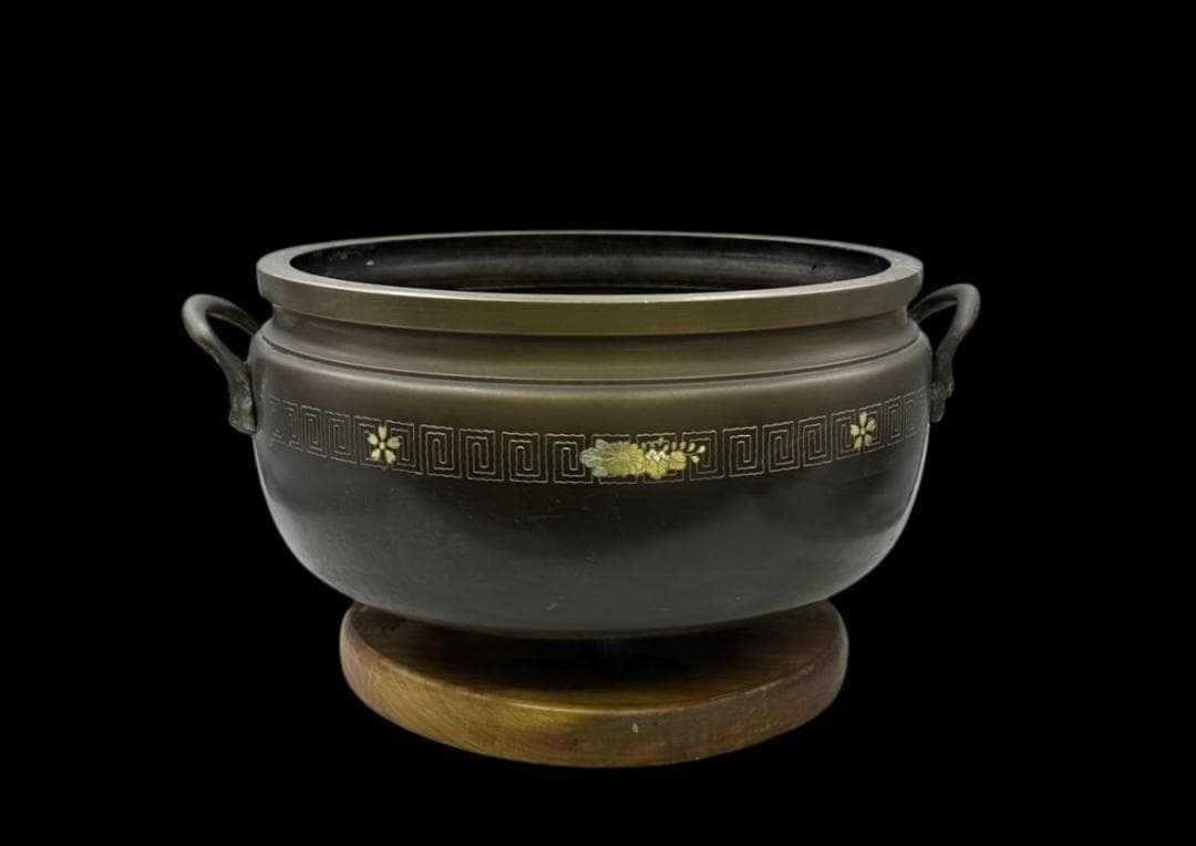 横幅-約50㎝ 高さ-約28㎝ 大きな 銅製 火鉢 象嵌 家紋 骨董 古玩