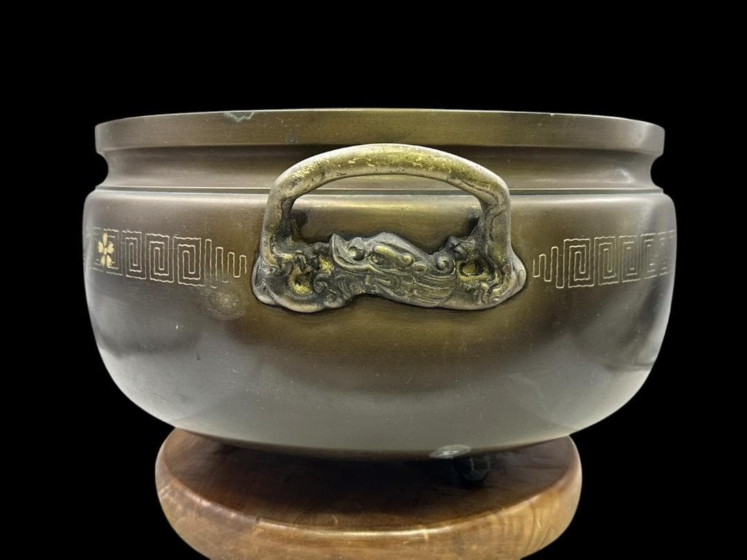 横幅-約50㎝ 高さ-約28㎝ 大きな 銅製 火鉢 象嵌 家紋 骨董 古玩