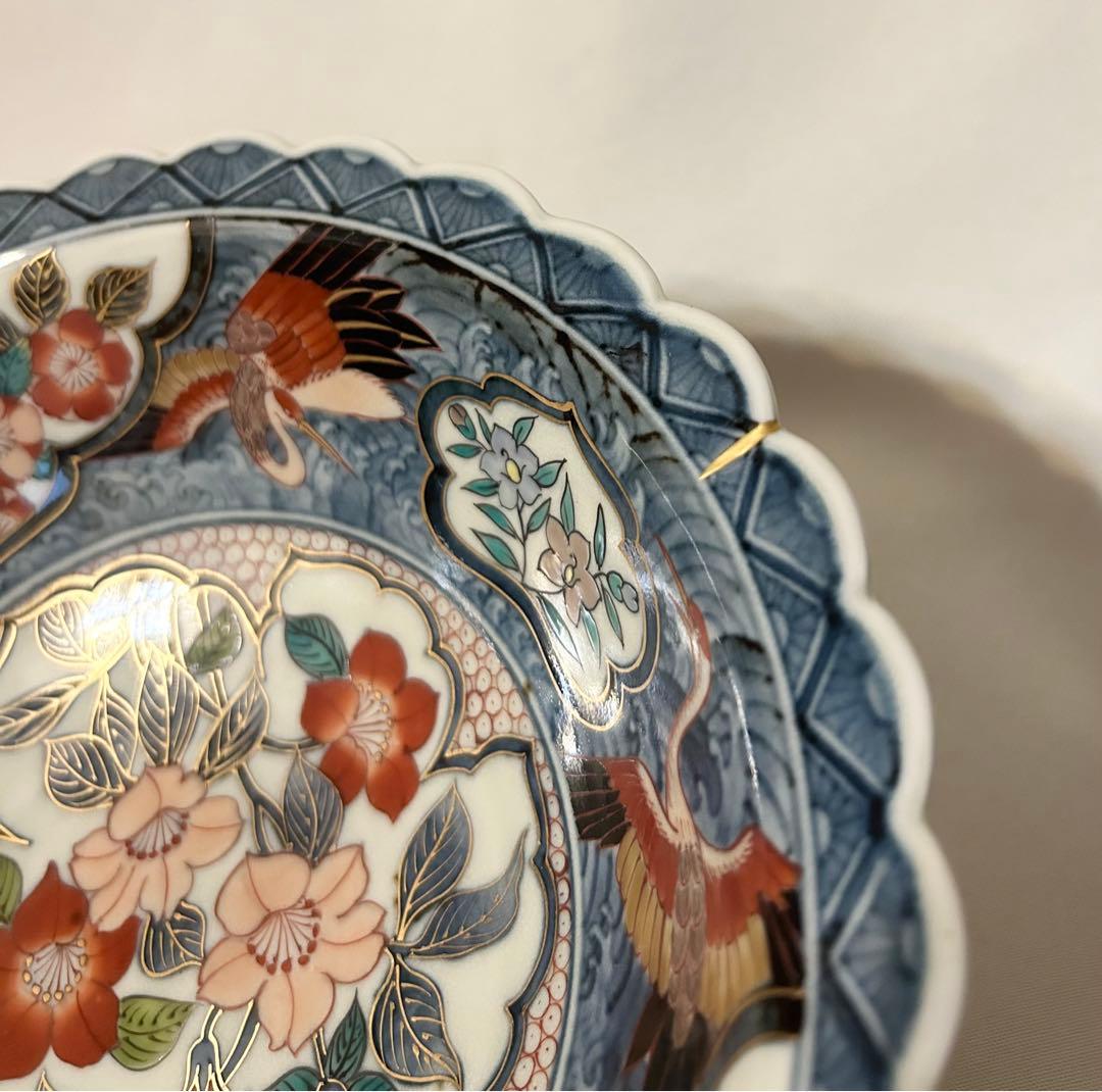 献上手染錦 お鉢 伊万里焼 福右衛門 鉢 茶道具 菓子鉢 鶴 縁起 寿 金継ぎ