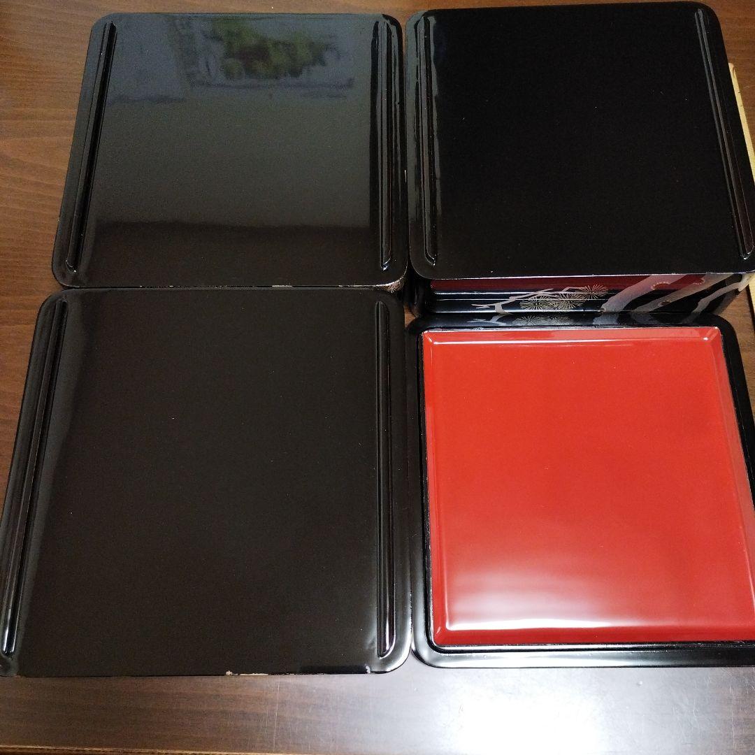 会津塗 漆塗 三段重 目黒廣太謹製 黒内朱 鶴 松 鎹入 漆器