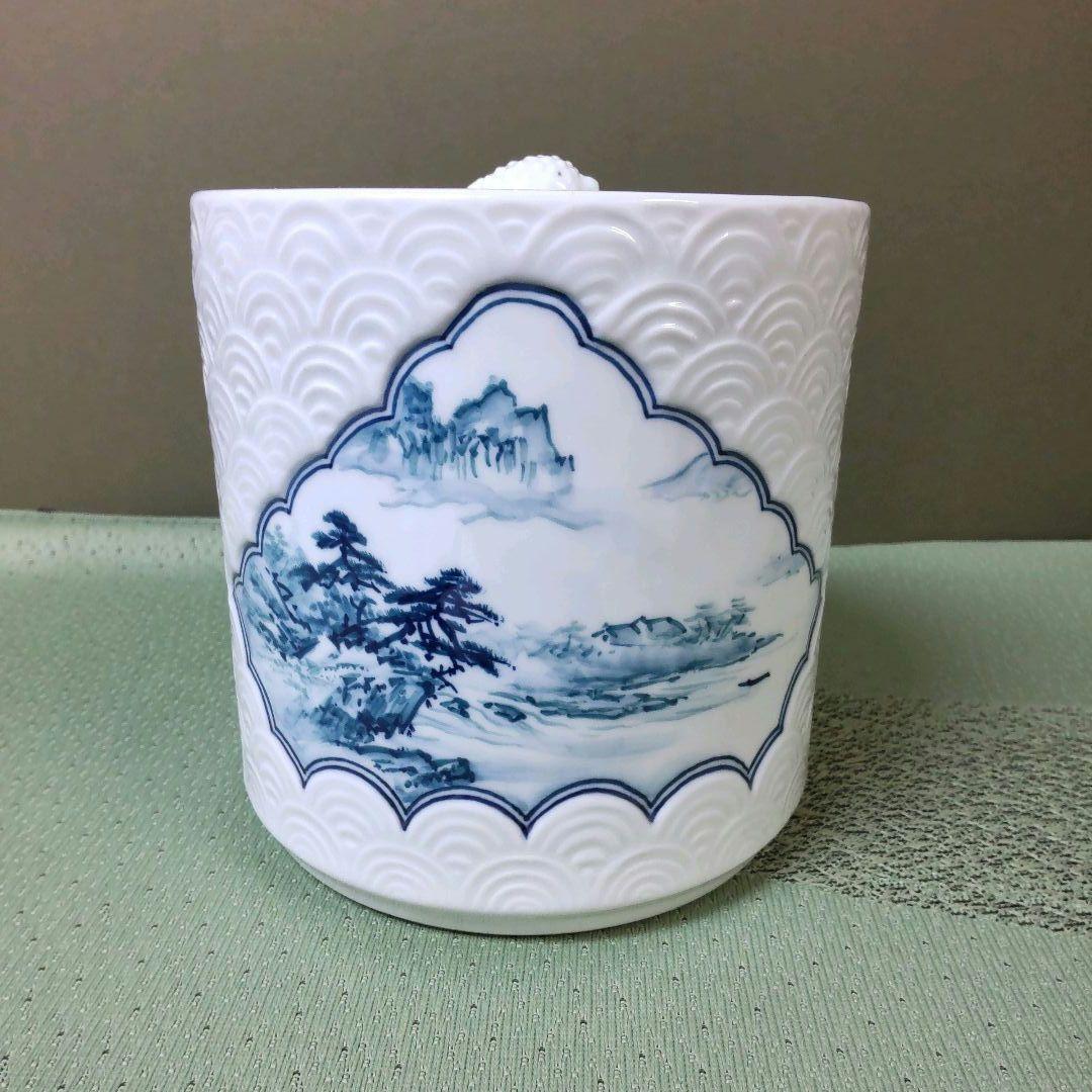 （824）✿特価★有田焼★金武自然作★青海波彫山水画水差【木箱入】破魔オマケ付