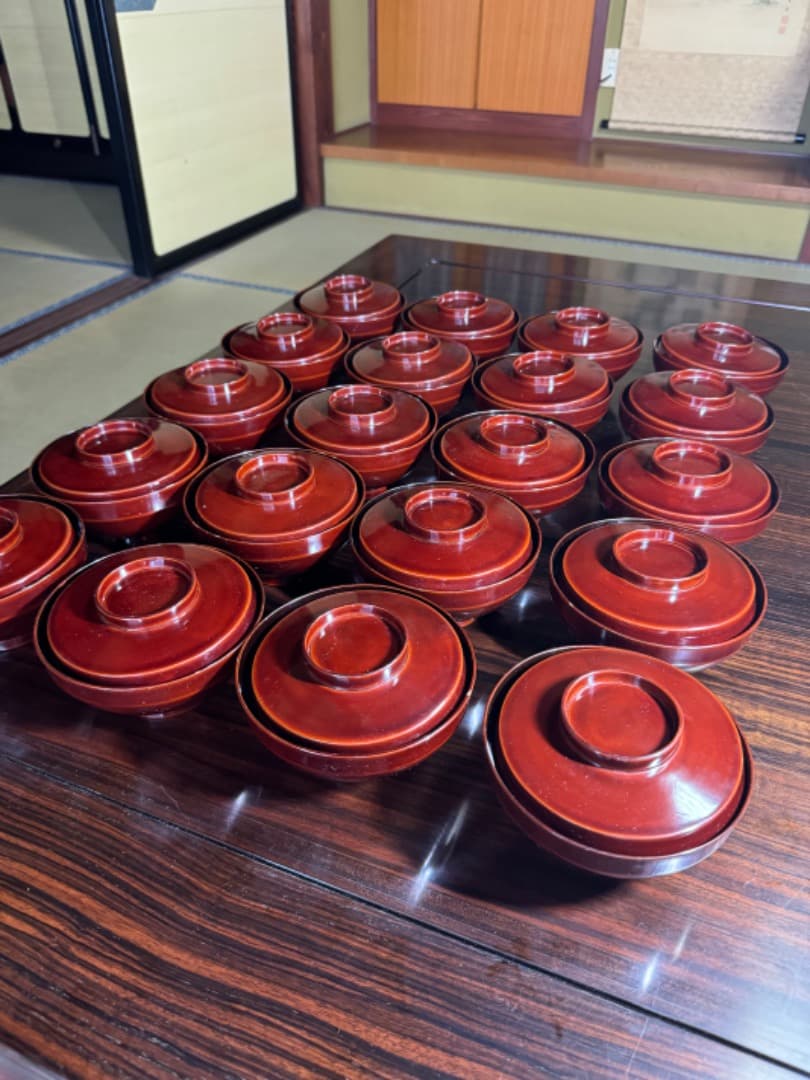 木曽漆器 吸物椀 二十客（蓋付き／江戸後期・手描