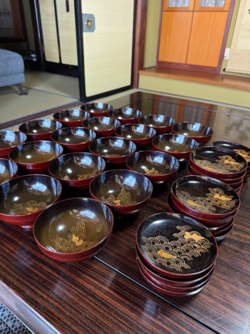 木曽漆器 吸物椀 二十客（蓋付き／江戸後期・手描