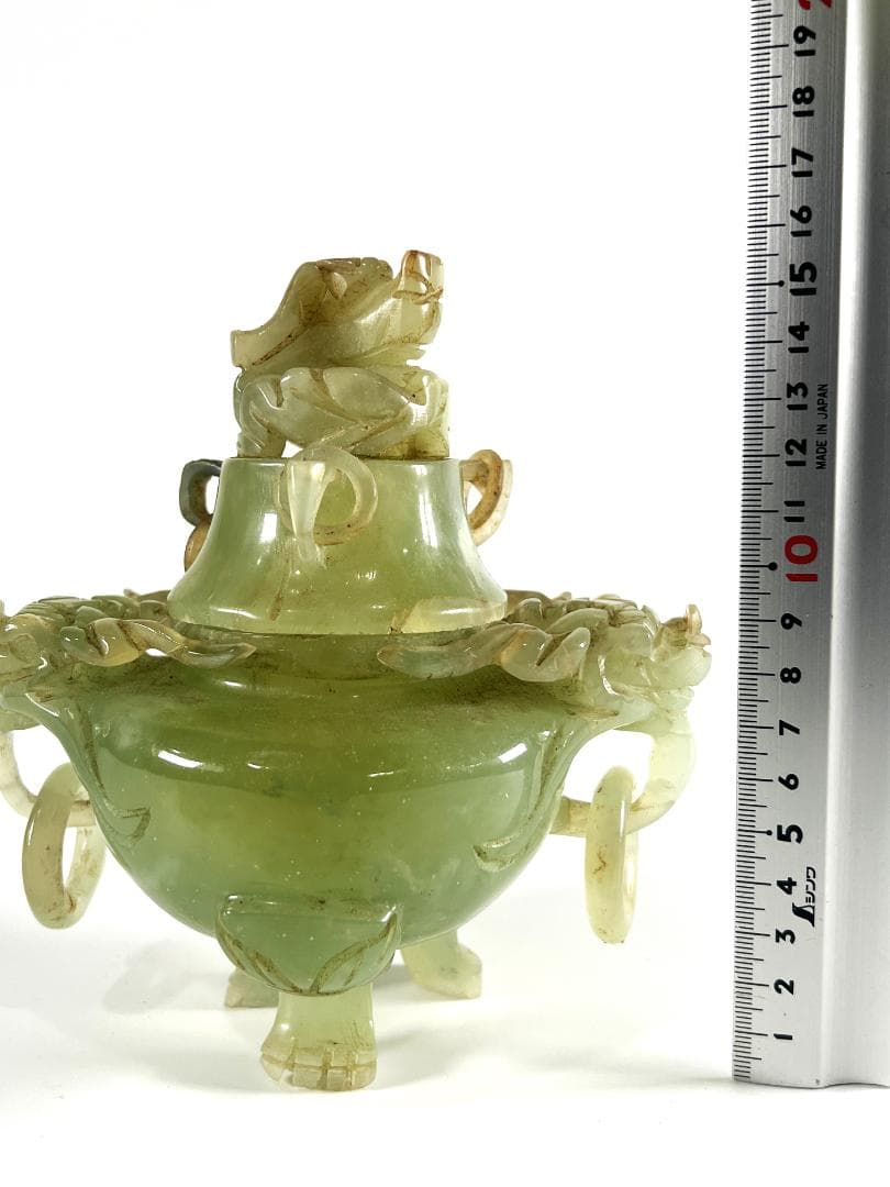 【送料無料・蔵出し】玉石　瑞獣双耳遊環香炉　置物　インテリア　骨董