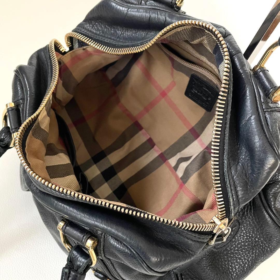 バーバリー ハンドバッグ ブラックレザー メガチェック ホースロゴ ゴールド