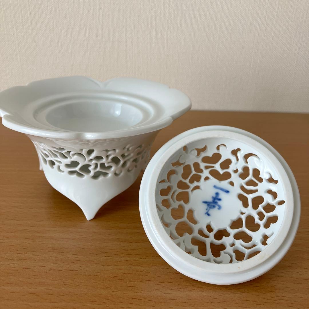 【未使用】 杉原一壷作 白磁 香炉 唐草透 三つ足 香道具