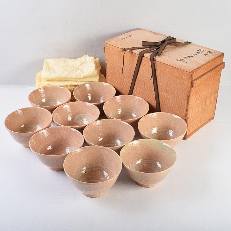 茶道具　阿漕窯　福森円二造　御本　刷毛目　数茶碗　十客　共箱　M　R9298H