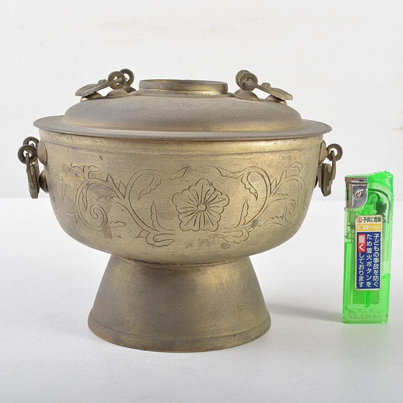 朝鮮美術　李王家美術工場造　蝙蝠手花彫金　神仙炉　宮廷料理器　V　R5820