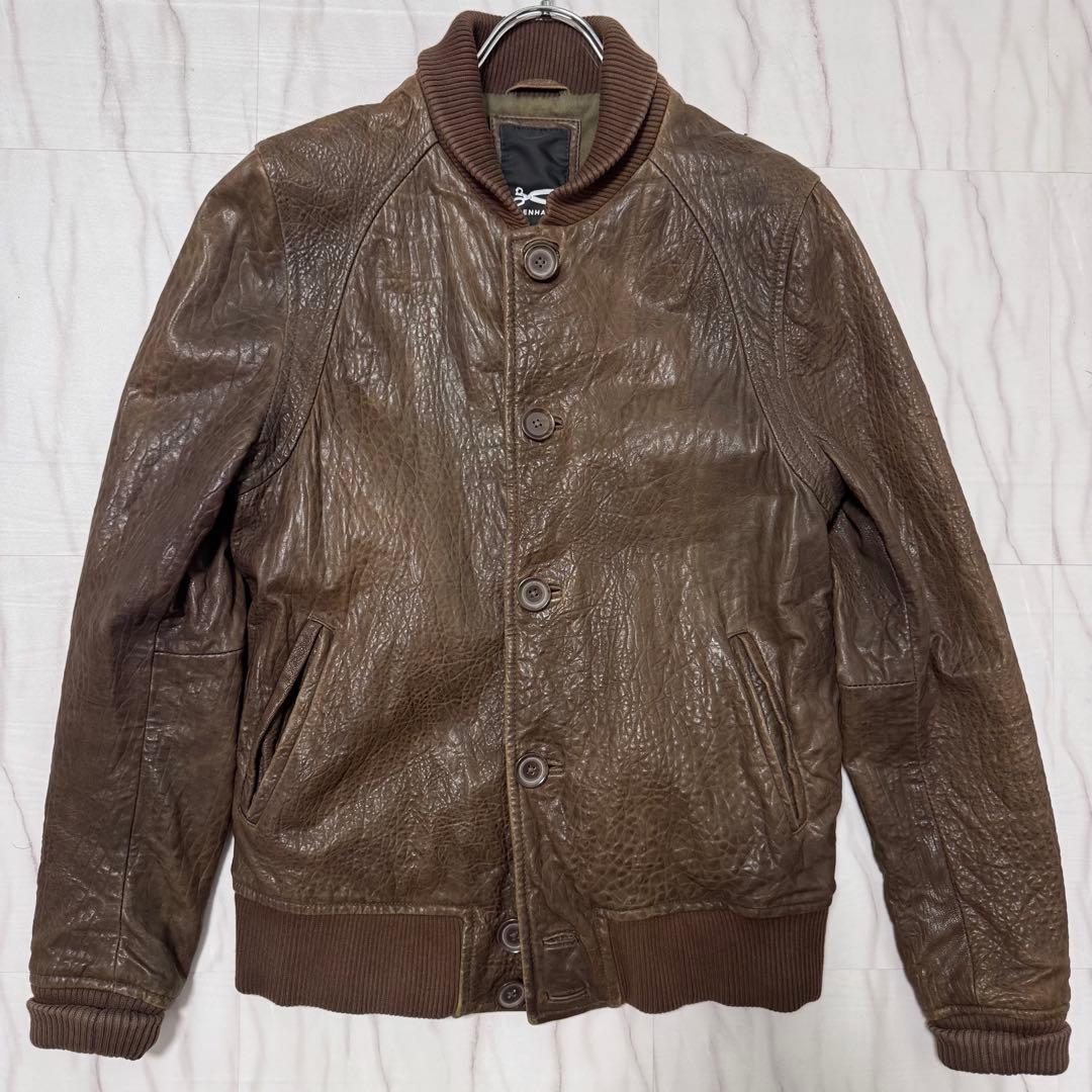 デンハム レザーブルゾン ショールカラー ボタン ブラウン Mサイズ 本革 リブ