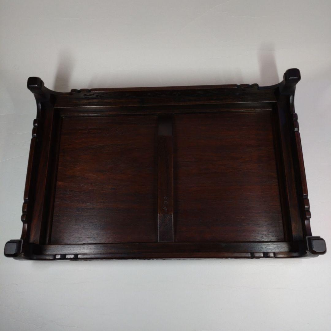 吉勝作　長方型 龍図透かし細工 唐木 平卓 花台／大阪唐木指物