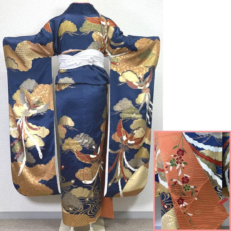 601z12〇古典柄 振袖 紺色 地紋 金彩 鳳凰 松〇美品 成人式 結婚式