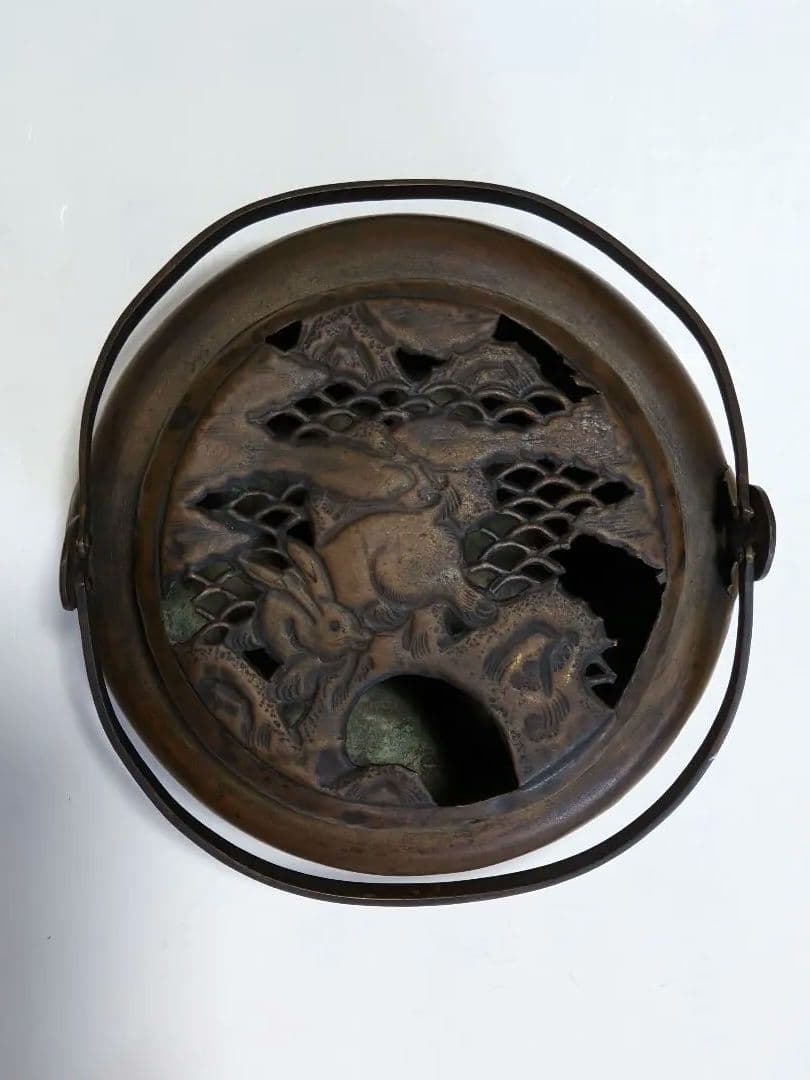 ♦江戸時代中期頃 兎文 透かし彫り 手炉 手焙りコレクション 骨董品アンティーク