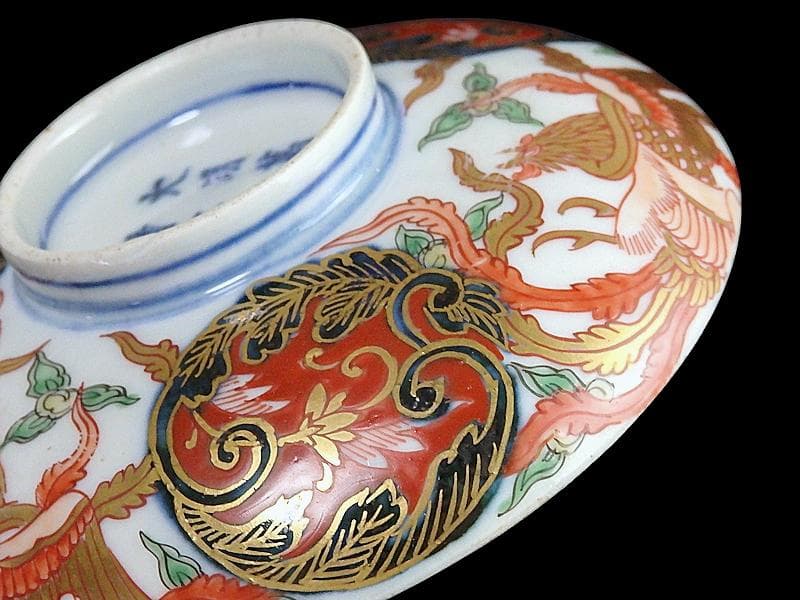 古伊万里　金襴手　鳳凰に赤玉唐草の図　大振蓋茶碗　AS-CXo