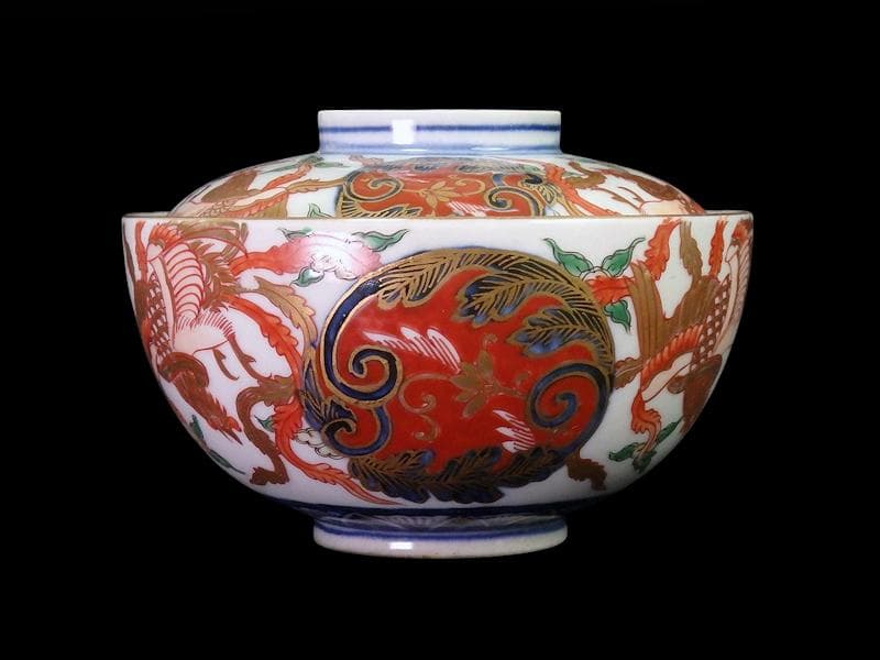 古伊万里　金襴手　鳳凰に赤玉唐草の図　大振蓋茶碗　AS-CXo