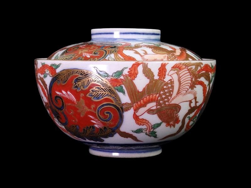 古伊万里　金襴手　鳳凰に赤玉唐草の図　大振蓋茶碗　AS-CXo