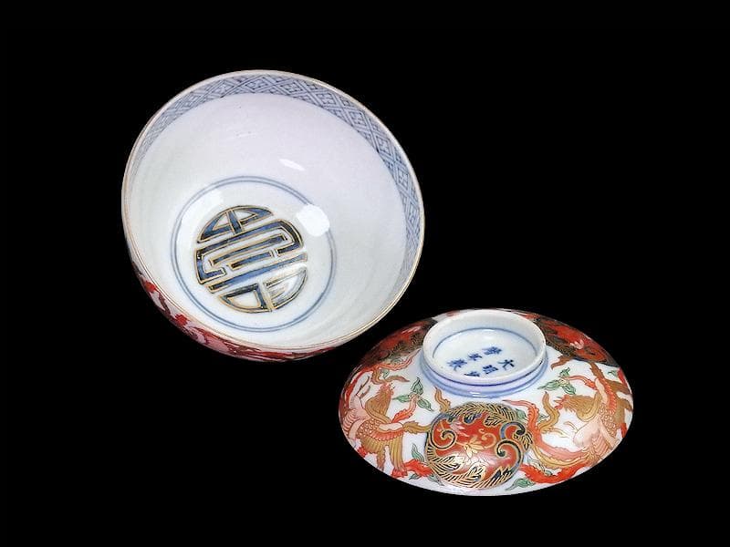 古伊万里　金襴手　鳳凰に赤玉唐草の図　大振蓋茶碗　AS-CXo