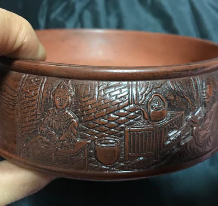 茶道具 古い 紫砂 茶盂 彫刻 人物画 山水画 中国