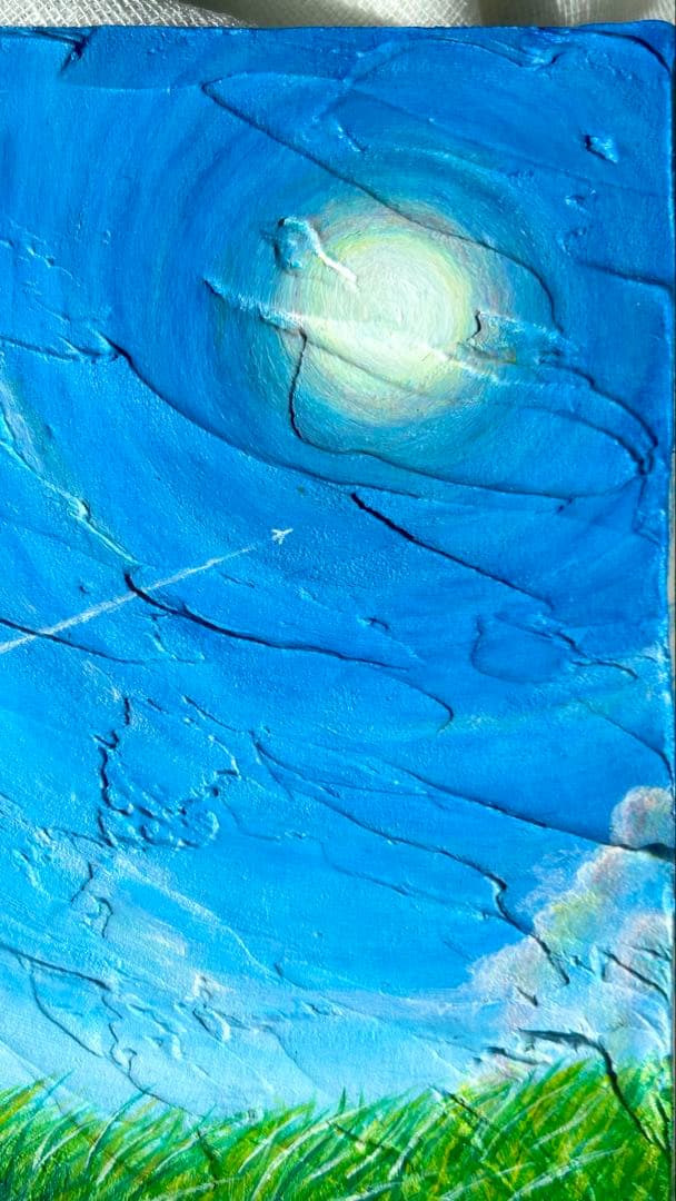 「いま、ここにいる」空の絵　猫の絵　キャンバス　メディウム　立体アート　雲の絵