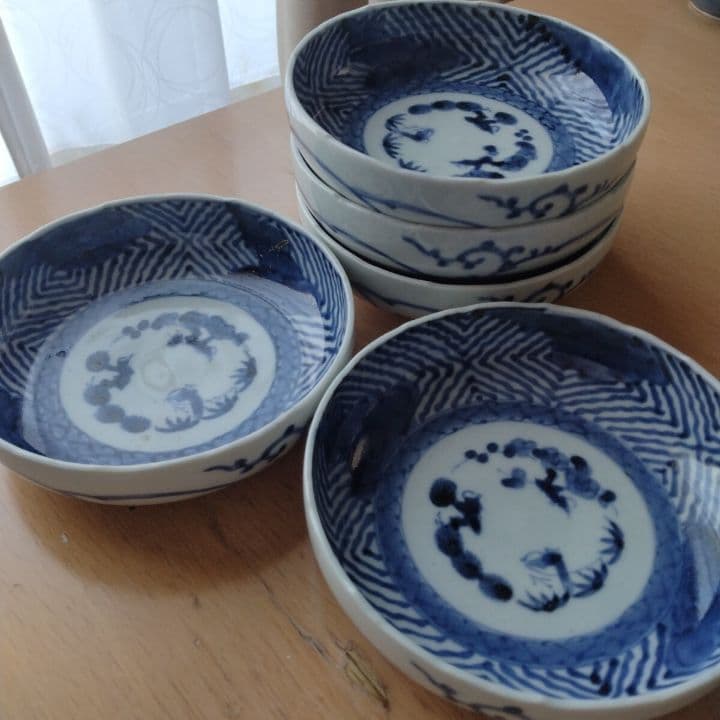 古伊万里染付雲竜檜垣文なます皿江戸時代五客セット