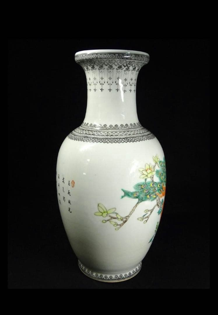 中国古玩 景徳鎮製 孔雀漢詩文大花瓶 高約36cm 時代物 粉彩