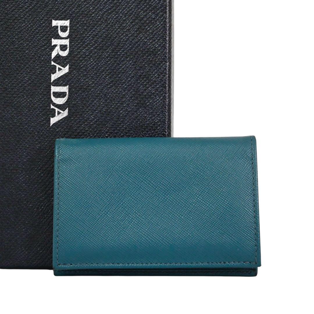 【美品】プラダ　レザー　折財布　カード　小銭　　ブルー　青　ウォレット