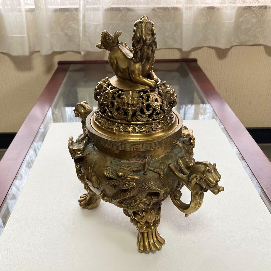 大明宣徳年鋳 香炉 銅製⁇ 真鍮⁇ 獅子 龍 工芸品 美術 大型 置物 レトロ