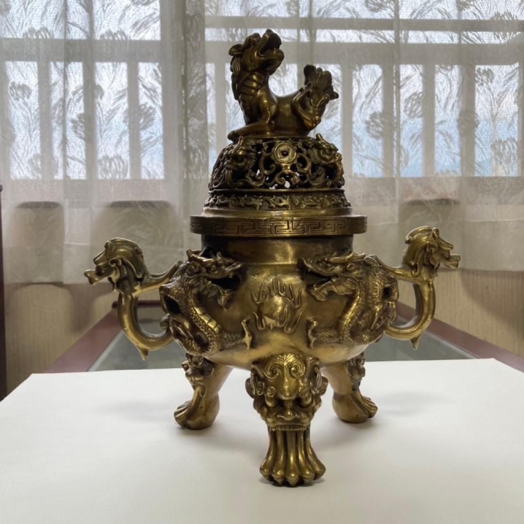 大明宣徳年鋳 香炉 銅製⁇ 真鍮⁇ 獅子 龍 工芸品 美術 大型 置物 レトロ