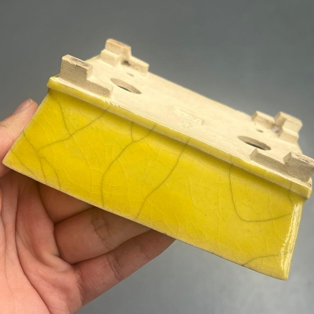 757.桂雲 黄釉段足長方 盆栽鉢 植木鉢 11.8*9.8*4.8cm