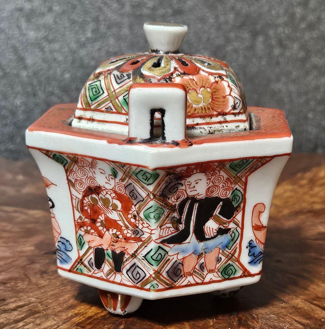 【大珍品❗】明治時代　大聖寺伊万里　 金彩色絵　韃靼人に南蛮船図　六角形小香炉