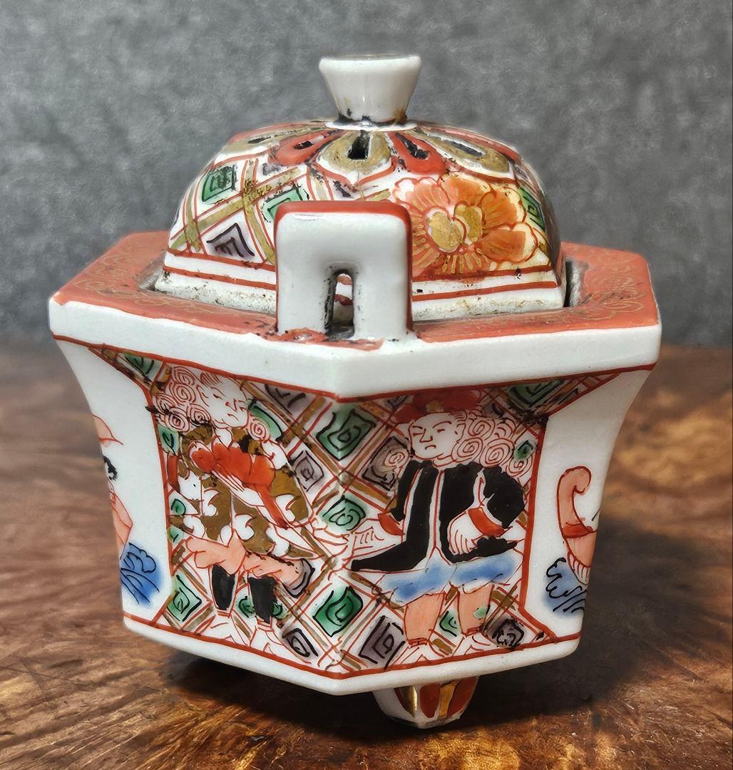 【大珍品❗】明治時代　大聖寺伊万里　 金彩色絵　韃靼人に南蛮船図　六角形小香炉