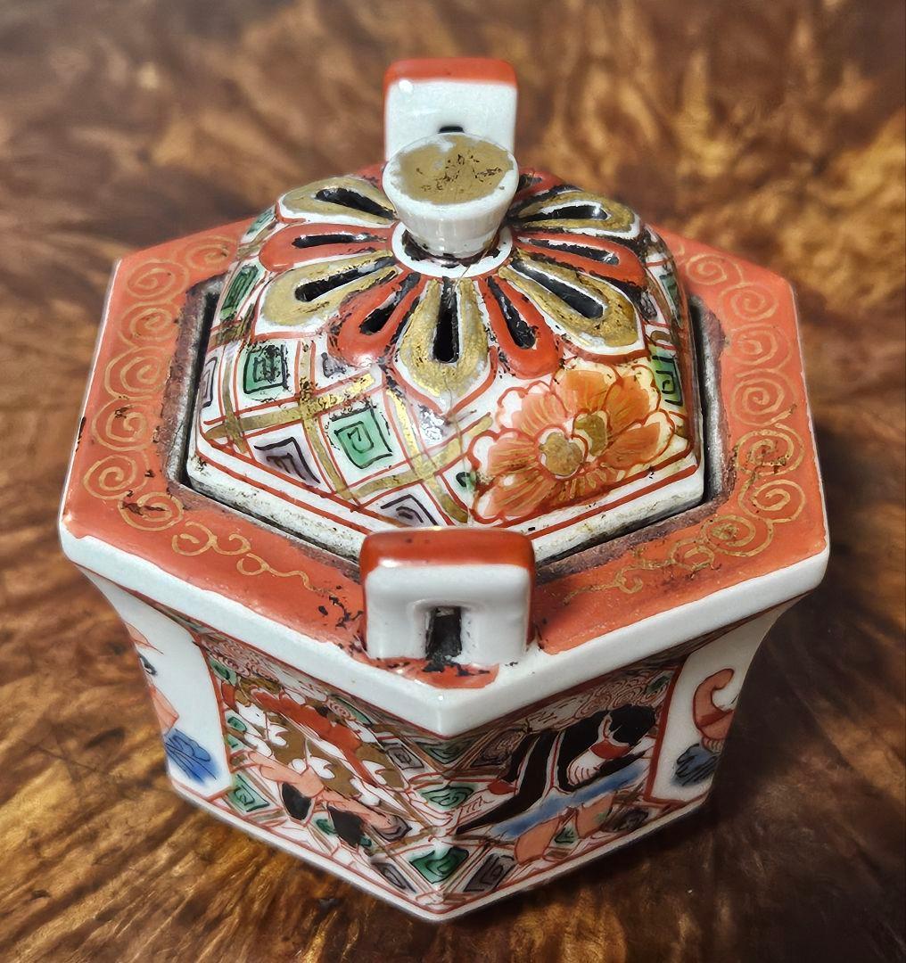 【大珍品❗】明治時代　大聖寺伊万里　 金彩色絵　韃靼人に南蛮船図　六角形小香炉