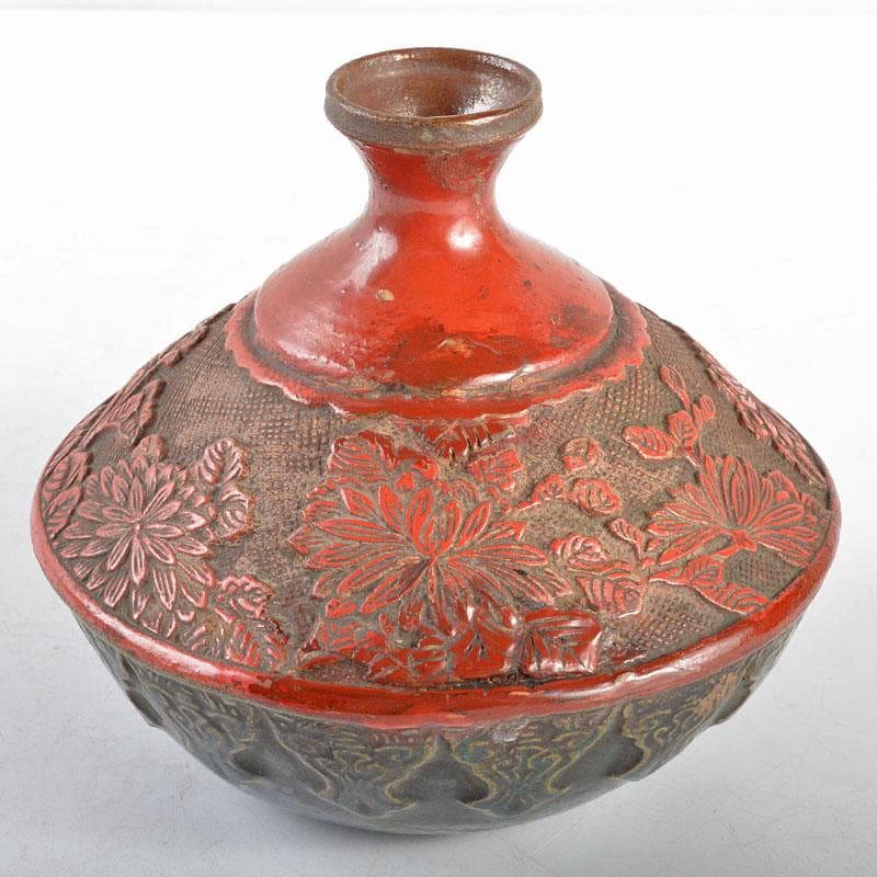 中国　陶堆朱朱泥海鼠釉　刻花文瓶　壷　桐箱付　M　R4805