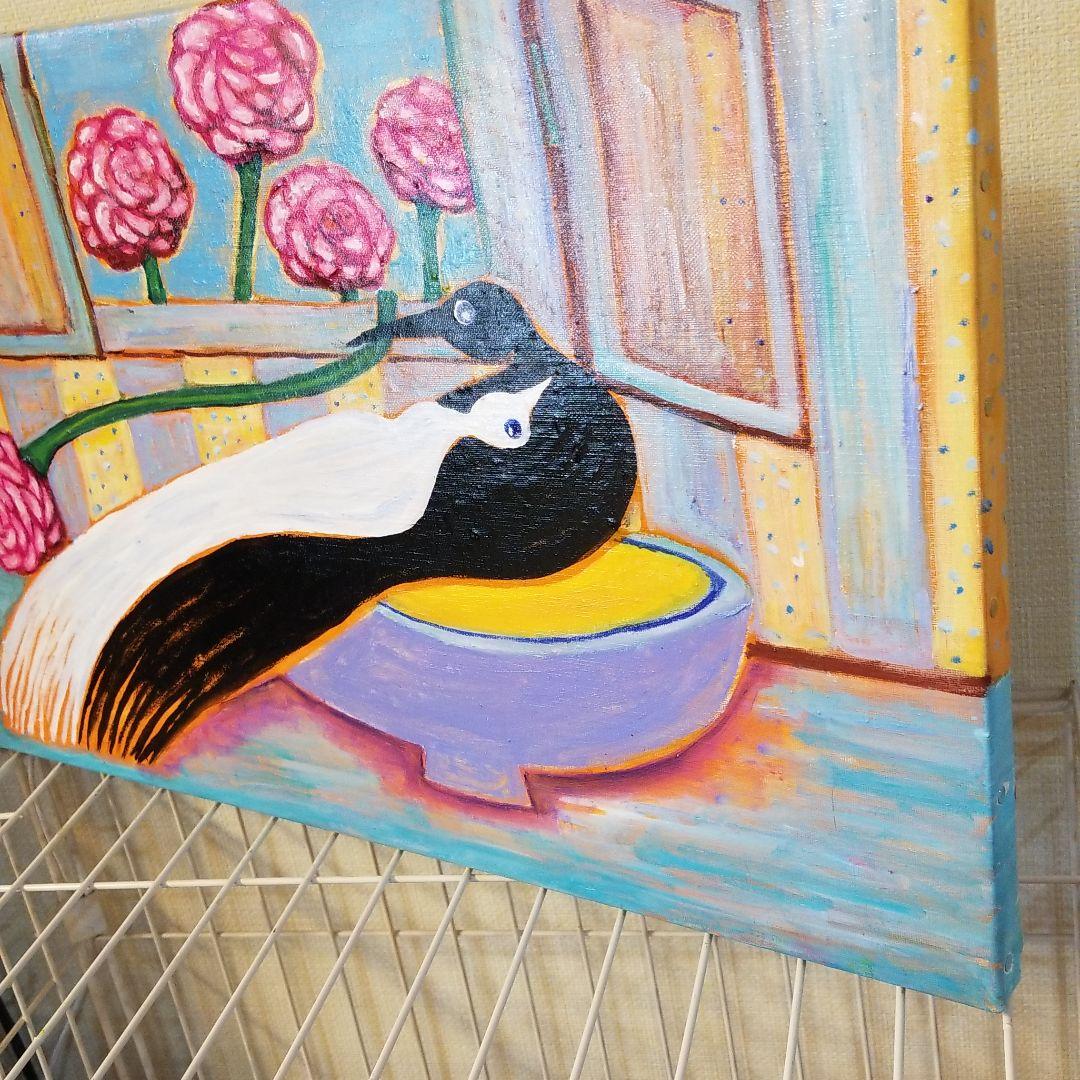 油絵　専用　バラを捧げる鳥 　横53.3cm