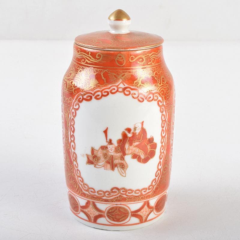 有田焼　深川製　赤絵金彩　人物文　蓋壷　V　R9106
